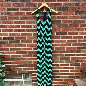 Green and Navy Blue Patterned Chiffon Sheer Layered Strappy Back Maxi Dress